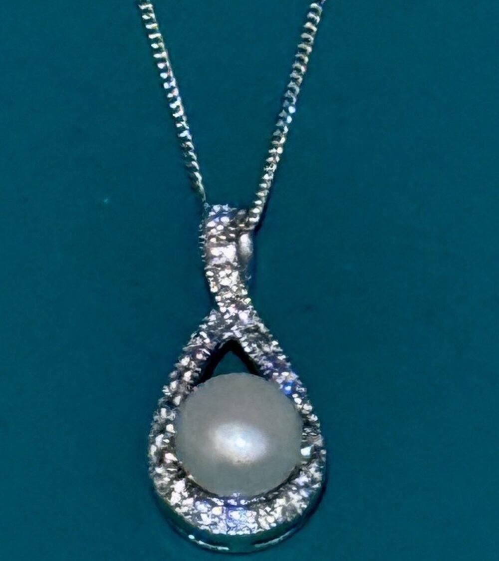 Genuine 10mm Pearl CZ Teardrop Necklace RJ 925 Sterling Silver 17”